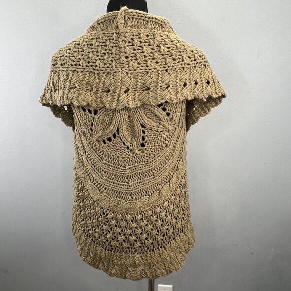 Chaudry KC Chunky Cable Knit Sweater Vest S Dark Khaki Tan Shawl Collar Open - Picture 4 of 7